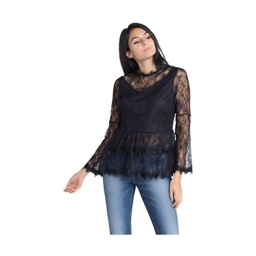 Ivory Felix Women's flare sleeve blouse in black lace with a stylish peplum design