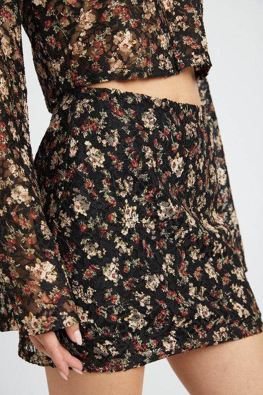 Emory Park floral lace skirt outfit with a dark floral pattern, perfect for casual or dressy occasions