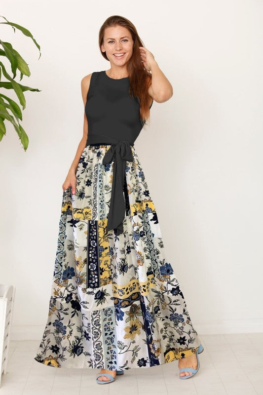 EG fashion floral patchwork summer plus size maxi dress with black sleeveless top and colorful skirt