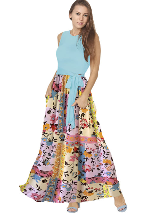 EG fashion floral patchwork summer plus size maxi dress with sleeveless blue top and colorful skirt