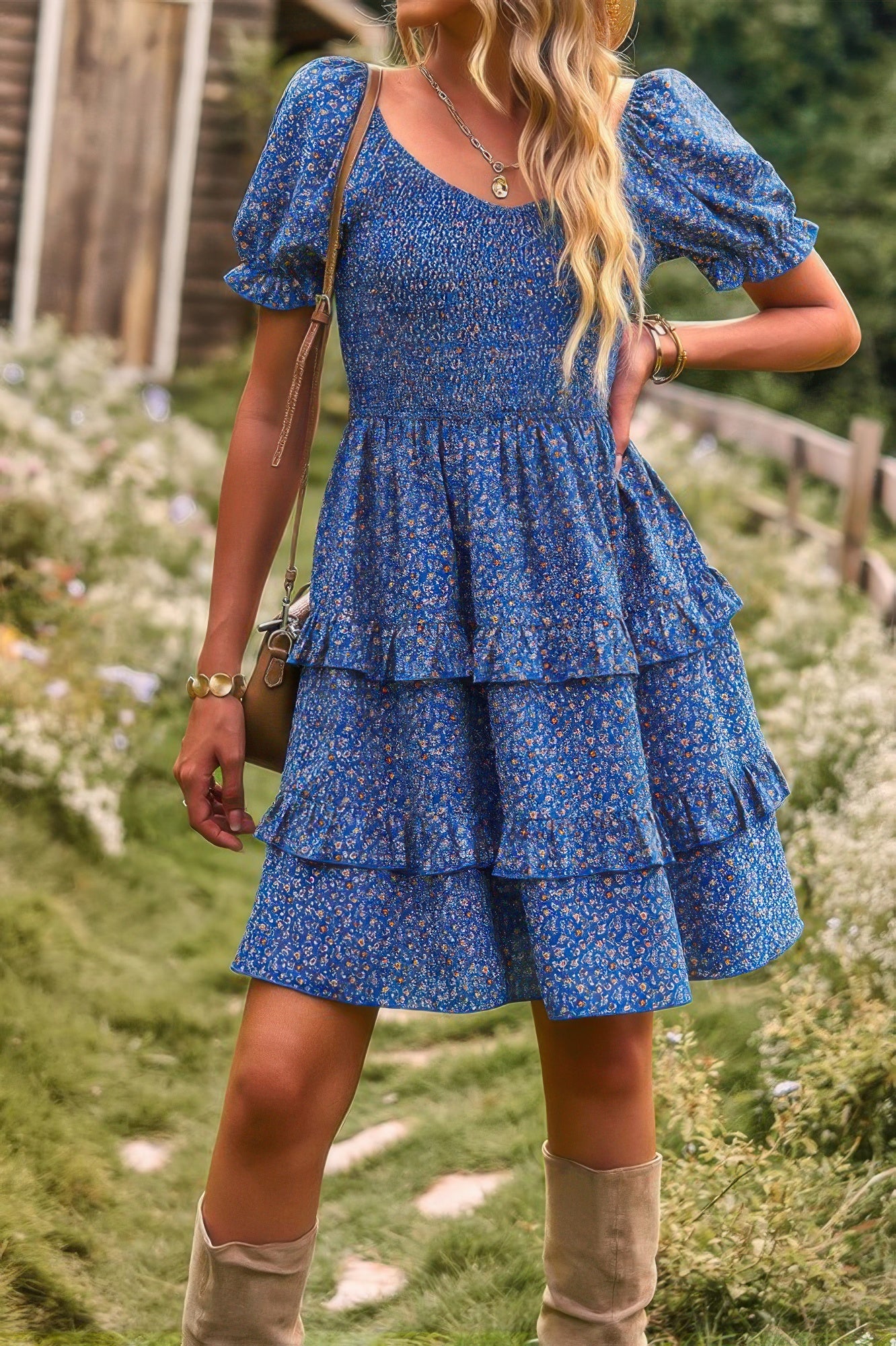 Floral print a line dress in blue with tiered layers and puff sleeves for a stylish summer look