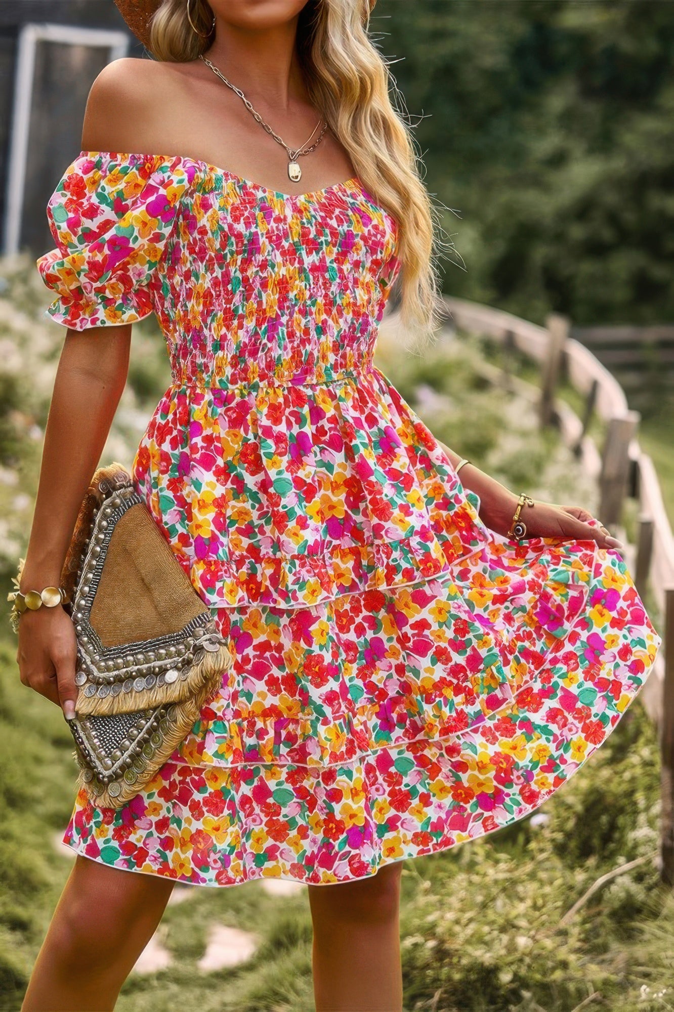 Colorful floral print a line dress with puff sleeves and tiered skirt, perfect for summer outings