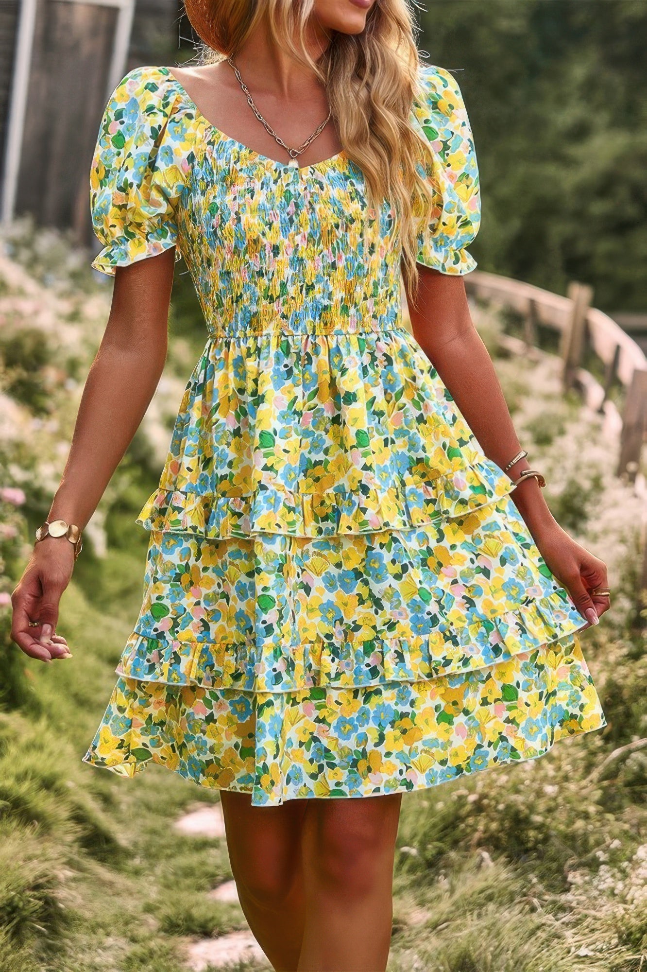 VacationGrabs floral print a line dress in yellow and blue with puff sleeves and tiered design