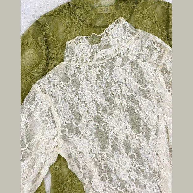 Floral print lace long sleeves top - VacationGrabs