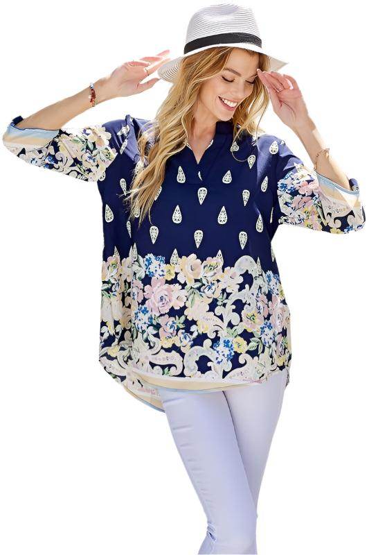 Shopin LA Women's Floral Roll Up Sleeve Top in Navy with Colorful Floral Design