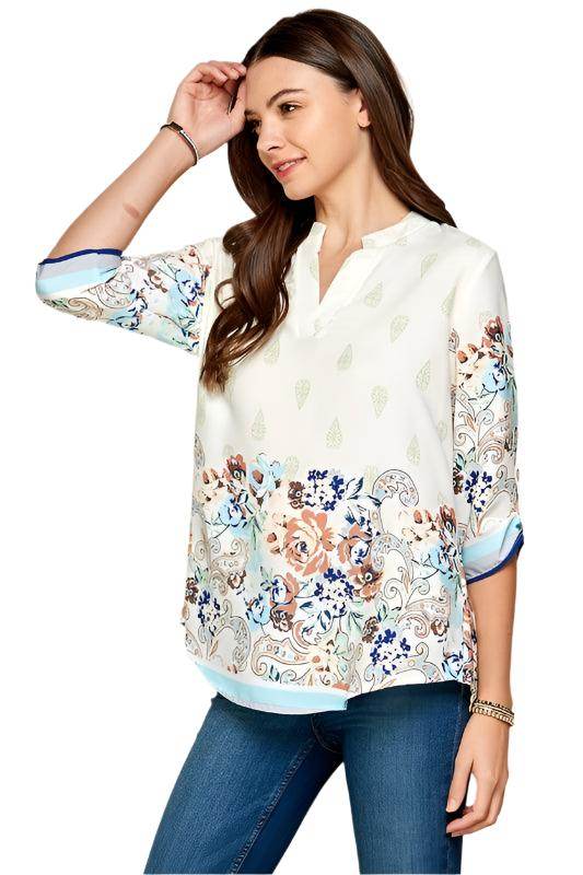 Shopin LA women's floral roll up sleeve top in white with intricate blue and floral designs