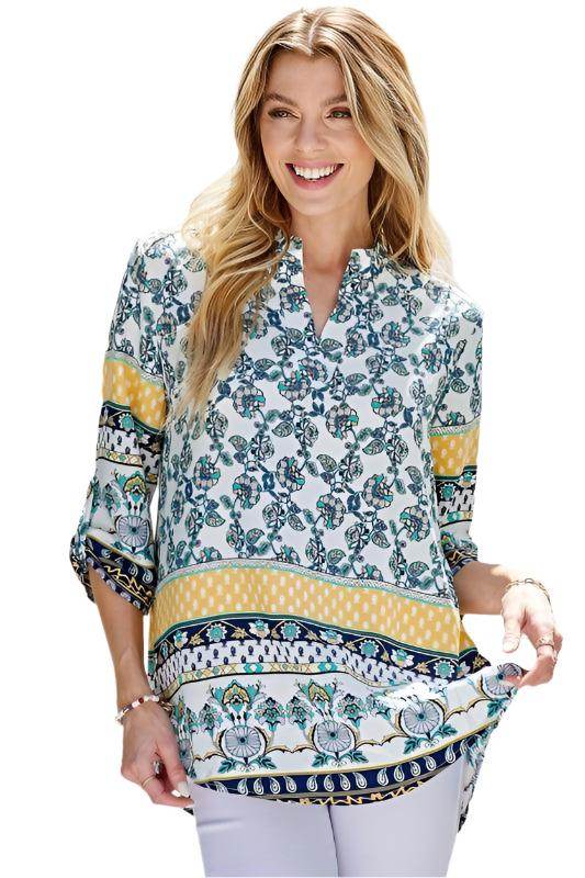 Women's floral roll up sleeve top with vibrant colors and stylish patterns for a trendy look