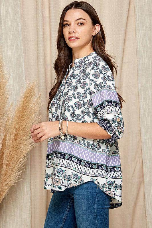 Shopin LA Women's Floral Roll Up Sleeve Top with Patterned Design and Button Details