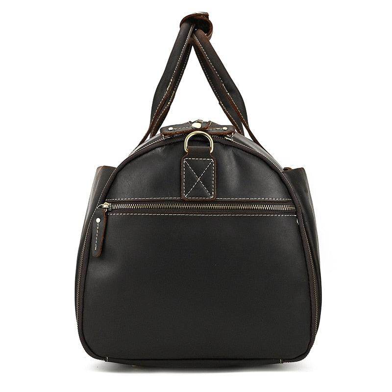 VacationGrabs foldable leather suit bag in black with a spacious design and front zipper pocket