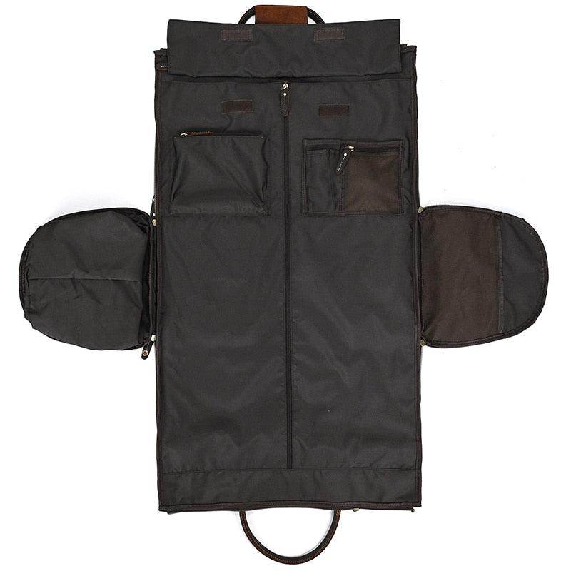 Foldable leather suit bag from VacationGrabs with multiple pockets and a sleek design for stylish travel
