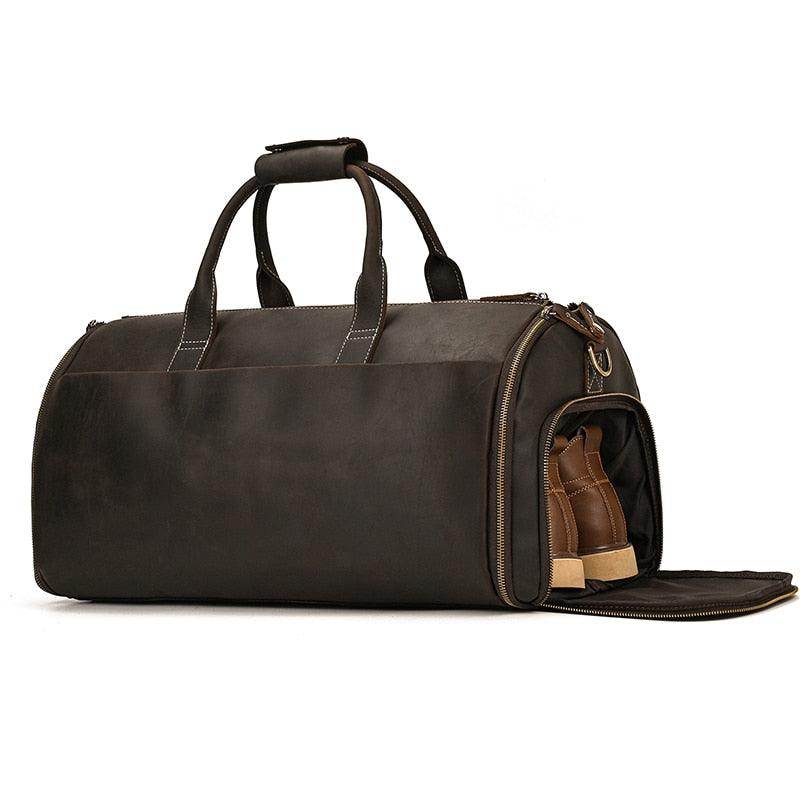 Foldable leather suit bag with a spacious interior and side compartment for shoes