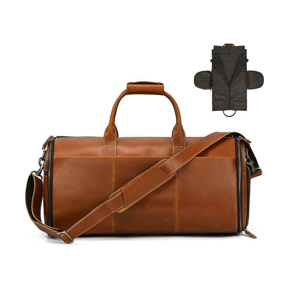 Foldable leather suit bag by VacationGrabs in brown with adjustable strap and easy-carry handles