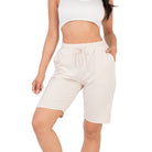 VacationGrabs women's beige french terry bermuda shorts with drawstring waistband