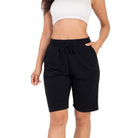 VacationGrabs black women's french terry bermuda shorts with elastic waistband and drawstring