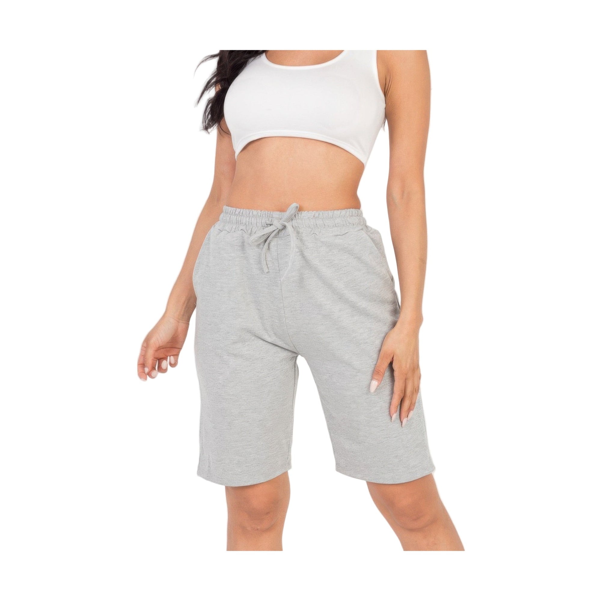 VacationGrabs women's gray french terry bermuda shorts with drawstring waist and relaxed fit