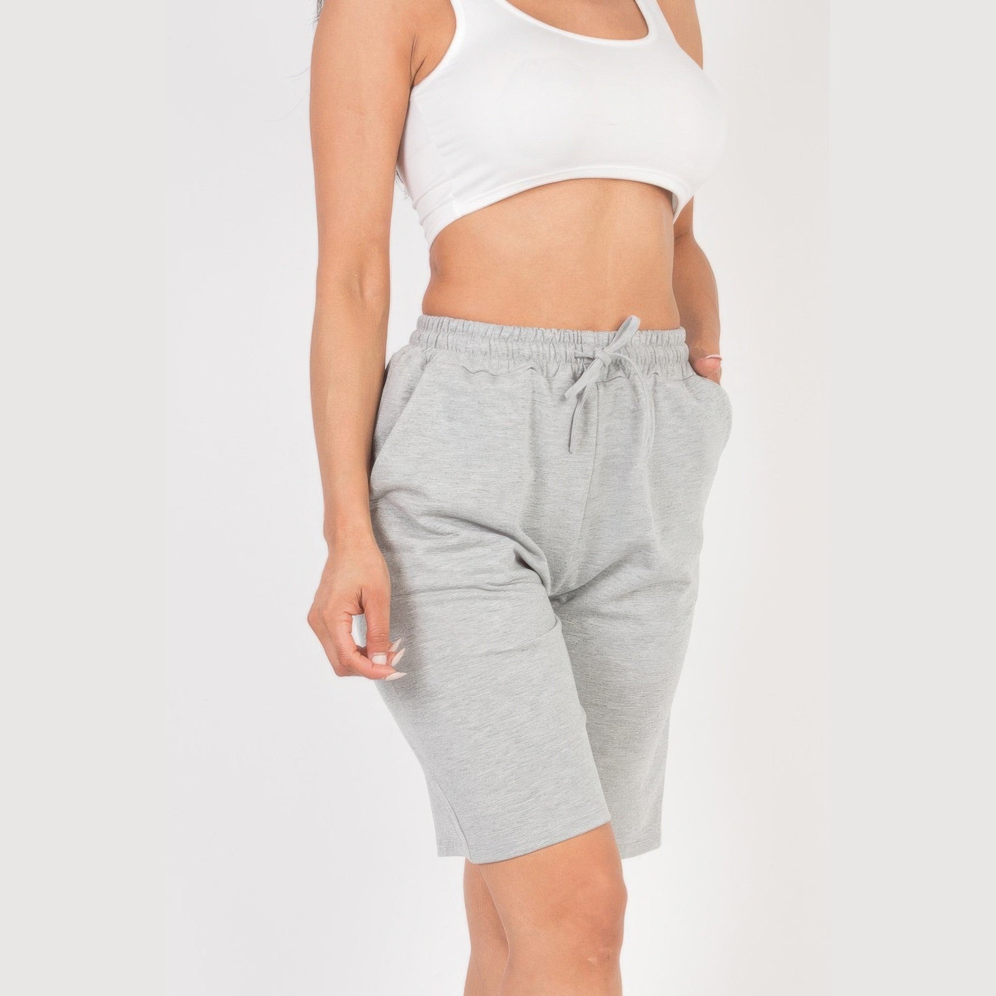 VacationGrabs women's gray french terry bermuda shorts with elastic waistband and drawstring