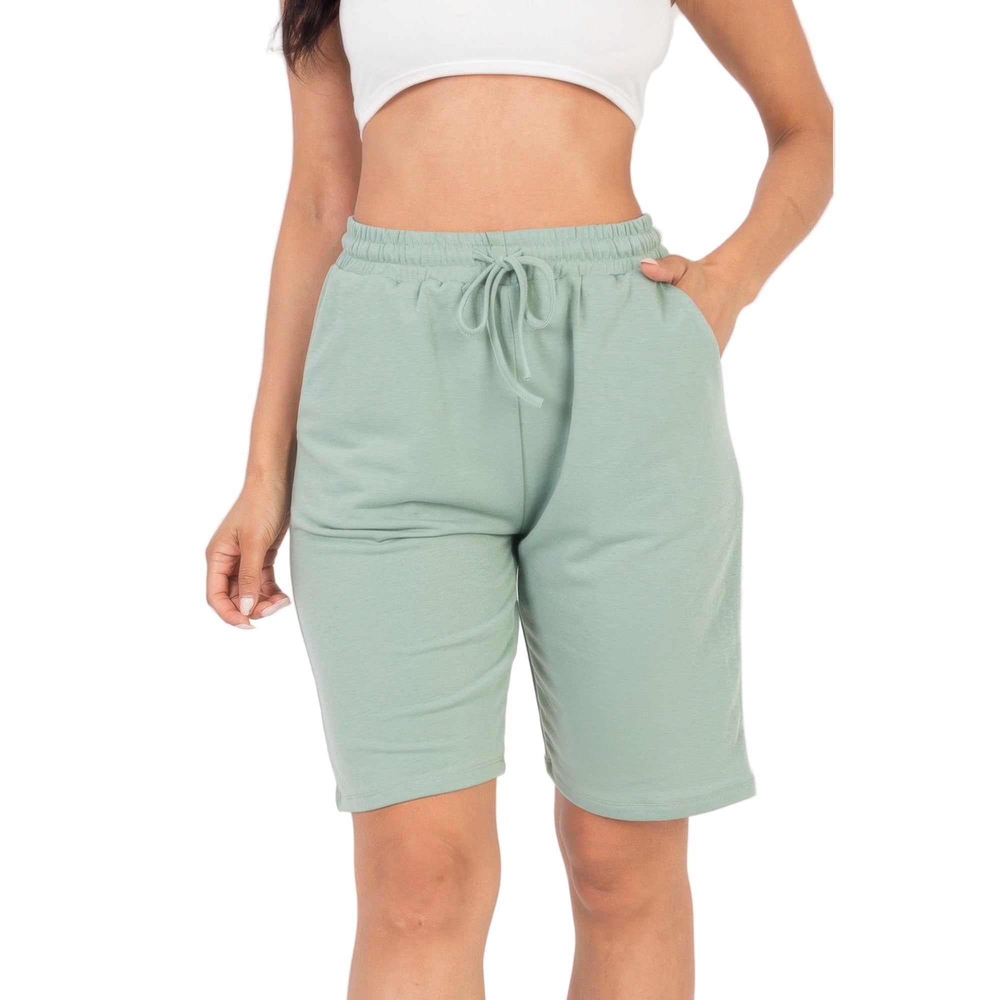VacationGrabs women's french terry bermuda shorts in light green with elastic waistband and drawstring