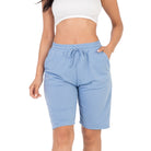 Women's light blue french terry bermuda shorts with drawstring waist and side pockets