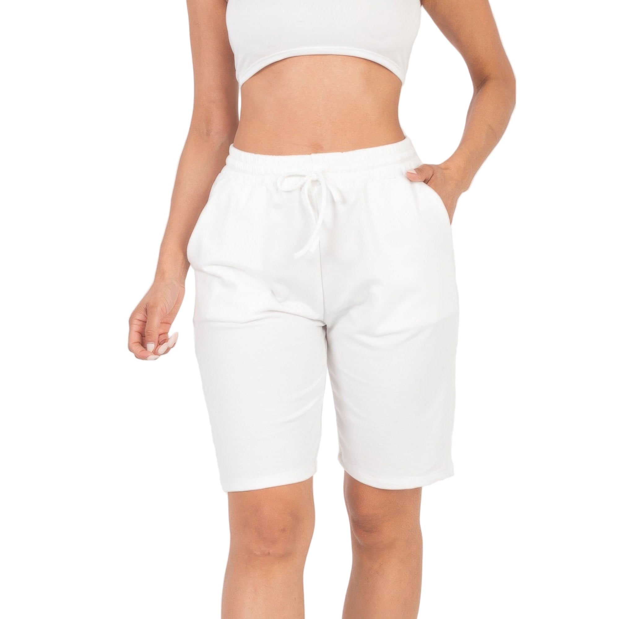 VacationGrabs women's white french terry bermuda shorts with drawstring waist and side pockets