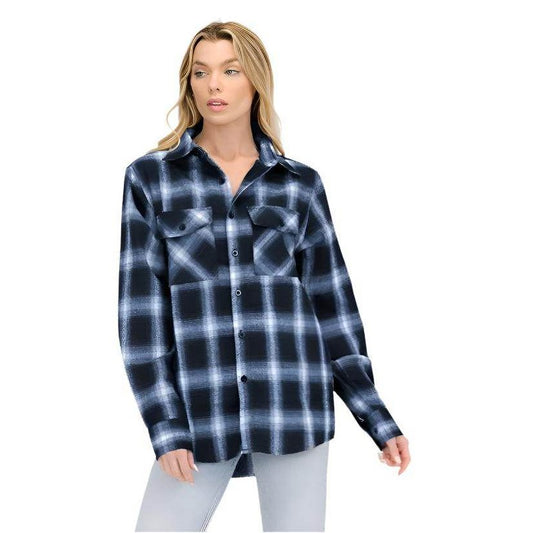 WEIV Women's Full Plaid Flannel for Vacations in Blue and Black with Button-Up Closure