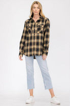 WEIV Women's Full Plaid Flannel for Vacations in Black and Gold with Buttoned Pockets