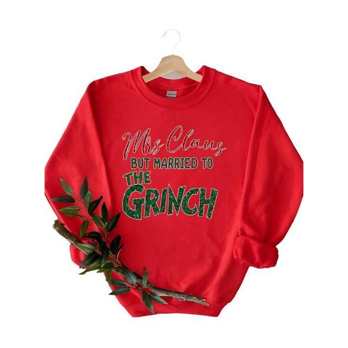 Red Mrs Claus but Married to the Grinch sweatshirt, a fun option among funny Christmas sweaters