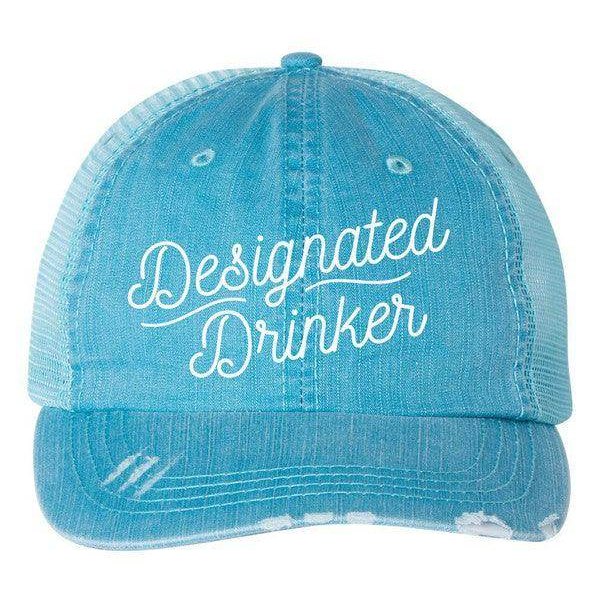 Light blue funny embroidered hats for men with 'Designated Drinker' text for casual style