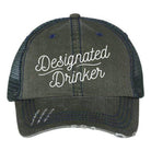Funny embroidered hats for men featuring a 'Designated Drinker' slogan in white on a dark green cap