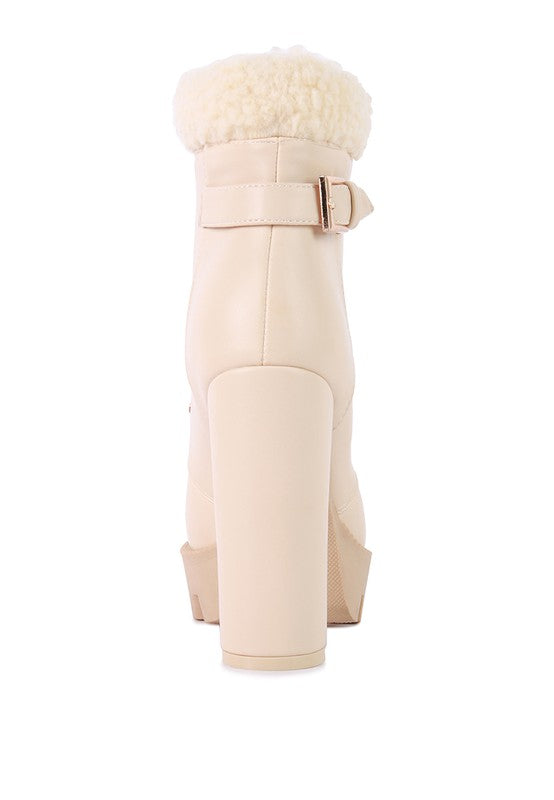 Rag Company fur lined heeled boots in beige with a fluffy cuff and stylish buckle detail