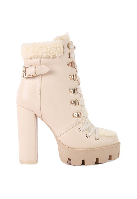 Rag Company fur lined heeled boots in beige with chunky heel and lace-up design