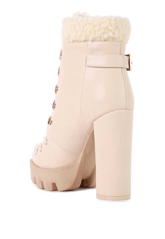 Rag Company fur lined heeled boots in beige with chunky heel and stylish lace-up design