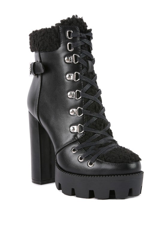 Rag Company fur lined heeled boots in black with lace-up design and chunky platform sole