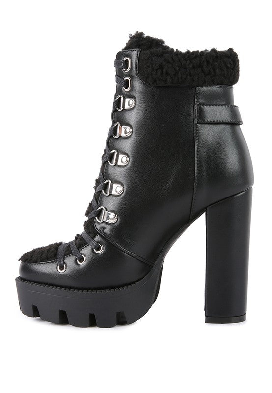 Rag Company fur lined heeled boots in black with lace-up design and chunky heel
