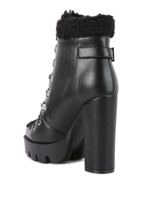 Rag Company black fur lined heeled boots with stylish lace-up design and chunky heel