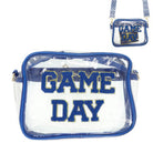 Game day transparent purse with blue trim and bold lettering for sporting events