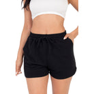 VacationGrabs black french terry shorts for women with elastic waistband and drawstring