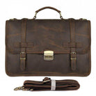 Genuine leather business bag in brown with dual buckles and detachable shoulder strap