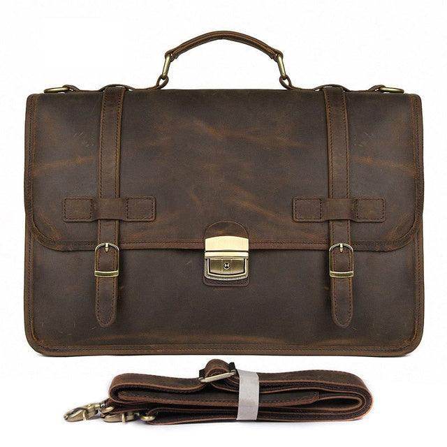 Genuine leather business bag in brown with dual buckles and detachable shoulder strap