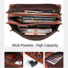 Interior of genuine leather business bag showing multi pockets and high capacity for organization