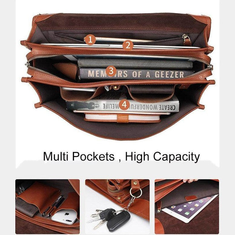 Interior of genuine leather business bag showing multi pockets and high capacity for organization