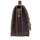 Side view of a genuine leather business bag with multiple compartments for organization