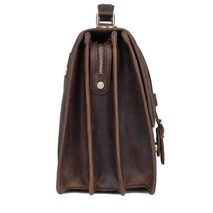 Side view of a genuine leather business bag with multiple compartments for organization