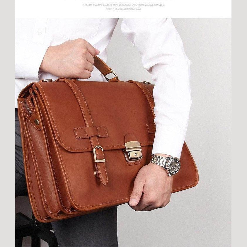 Genuine leather business bag in brown with a classic design and sturdy handle for professionals