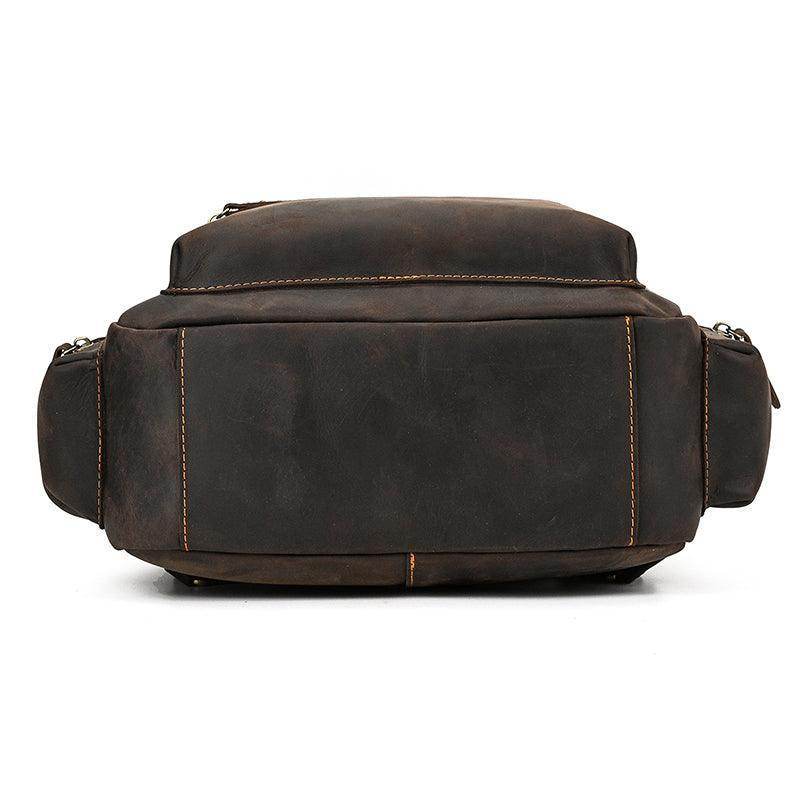 Bottom view of genuine leather laptop backpack featuring durable stitching and spacious design