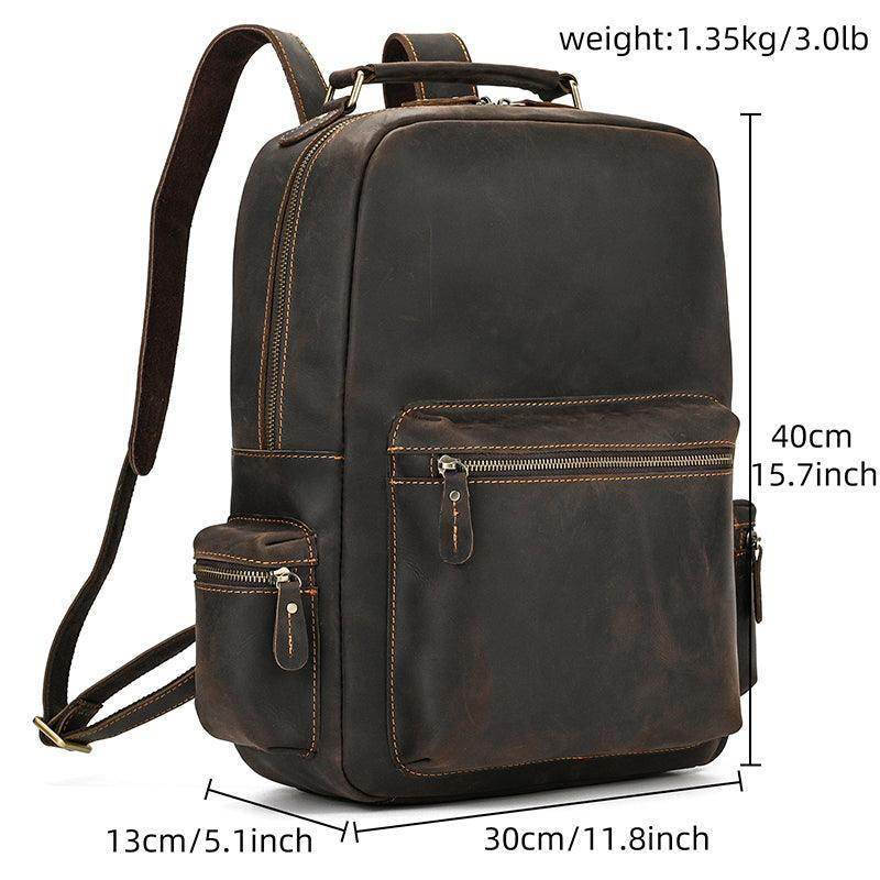 Genuine leather laptop backpack with multiple pockets and adjustable straps for practical use.