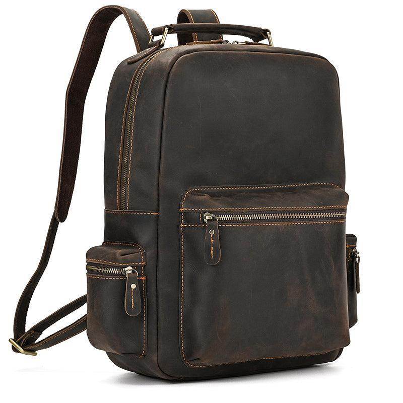 Genuine leather laptop backpack with multiple pockets and adjustable shoulder straps for easy travel