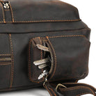 Genuine leather laptop backpack featuring multiple pockets and durable stitching for everyday use