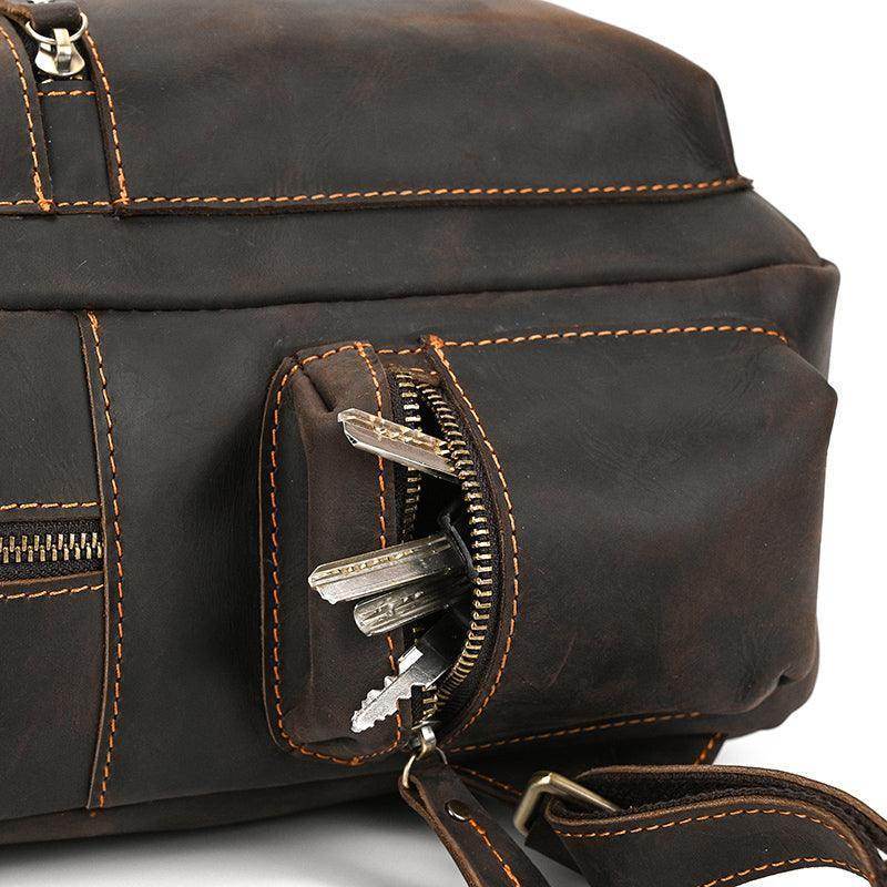 Genuine leather laptop backpack featuring multiple pockets and durable stitching for everyday use