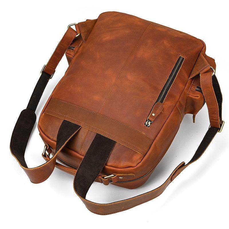 Genuine leather laptop backpack in brown with sturdy straps and multiple pockets for organization