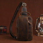 Genuine leather mens chest bag in brown with adjustable strap for stylish daily use.